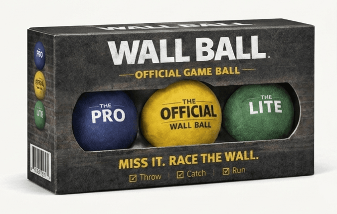 Wall Ball official game ball box set featuring The Pro, The Official, and The Lite